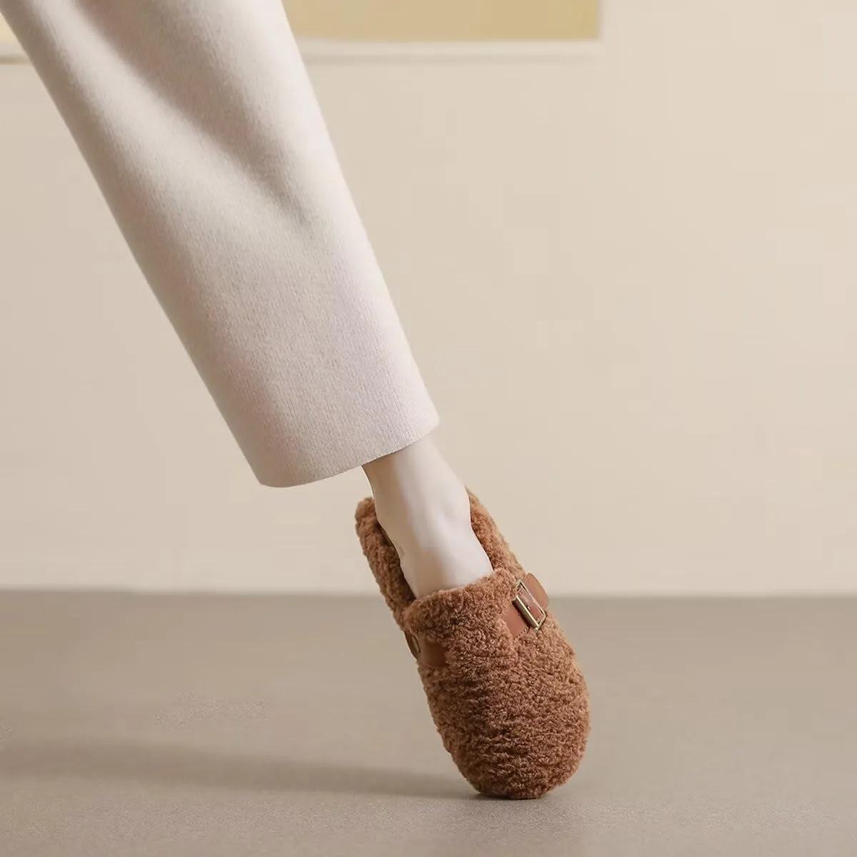 Women Winter Furry Mary Jane Shoes Warm Artificial Lamb Wool Flats Ankle Strap Ladies Indoor and Outdoor Dress Office Bedroom Casual Shoes