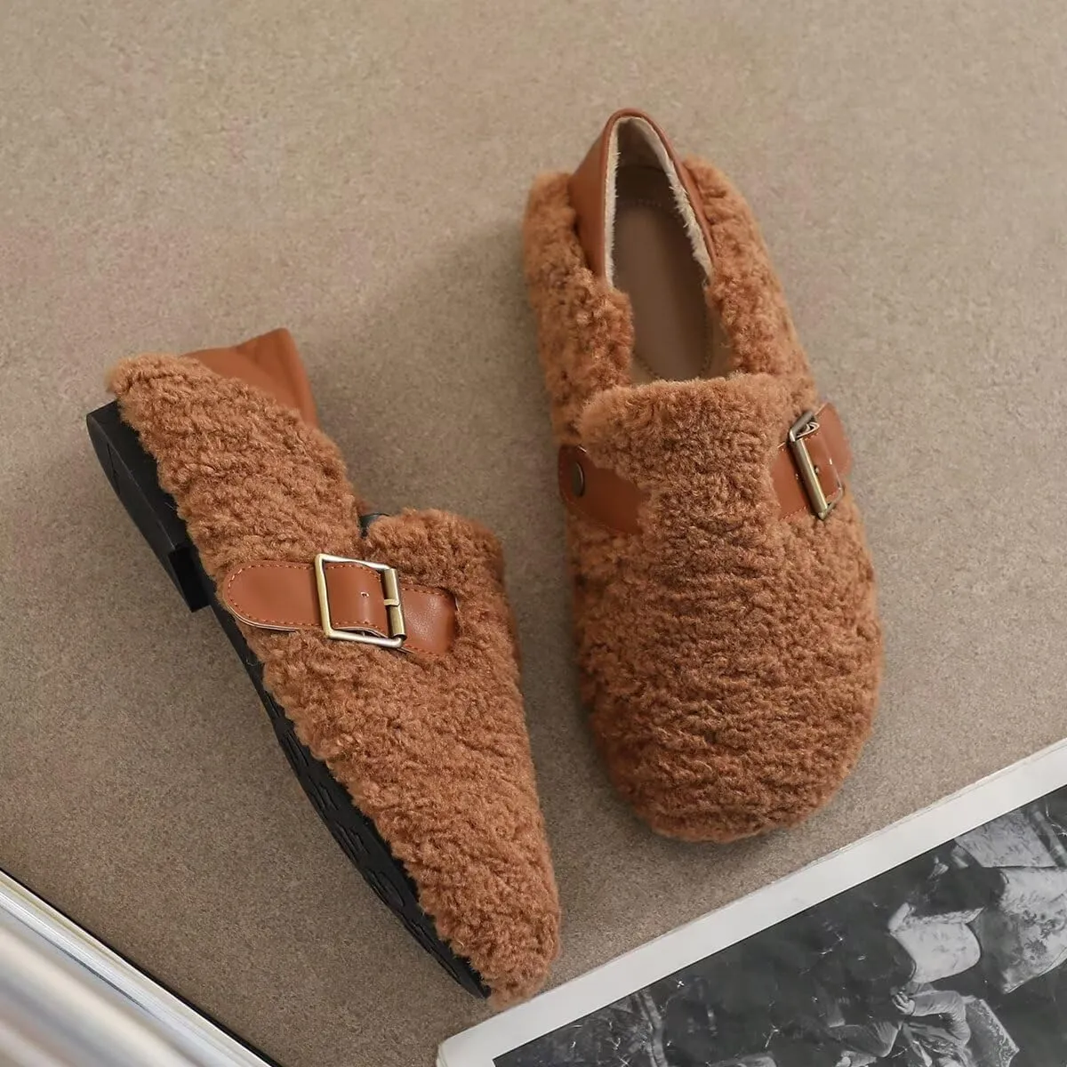 Women Winter Furry Mary Jane Shoes Warm Artificial Lamb Wool Flats Ankle Strap Ladies Indoor and Outdoor Dress Office Bedroom Casual Shoes