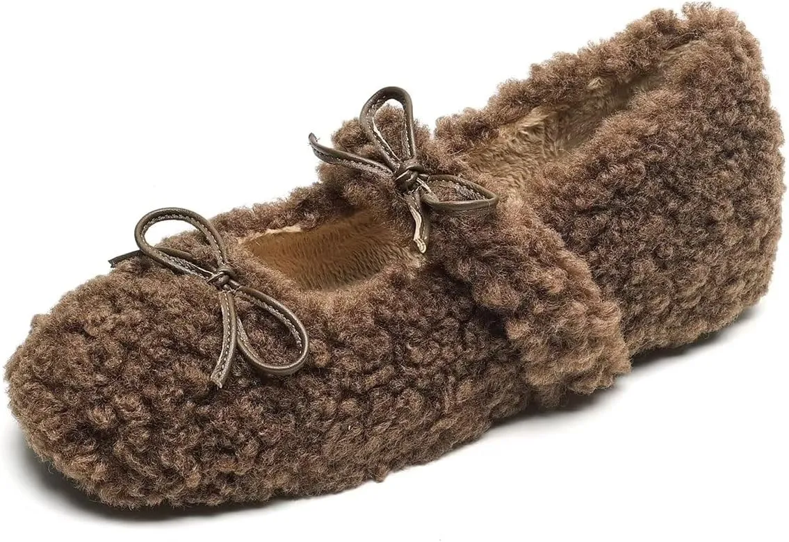 Women Winter Furry Mary Jane Shoes Warm Artificial Lamb Wool Flats Ankle Strap Ladies Indoor and Outdoor Dress Office Bedroom Casual Shoes