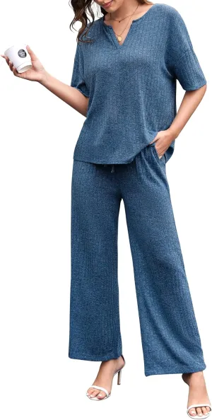 Women's 2 Piece Outfits 2025 Pullover Tops and Wide Leg Pants Lounge Sets Sweatsuits Set with Pockets