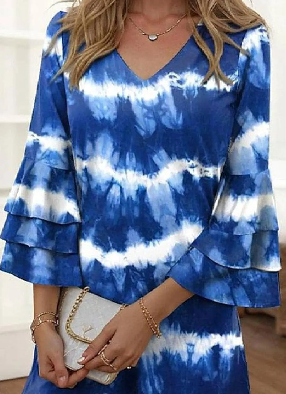 Women's 2025 Spring V Neck 3/4 Sleeved Ruffled Printed Flowy A Line Mini Beach Vacation Party Dress
