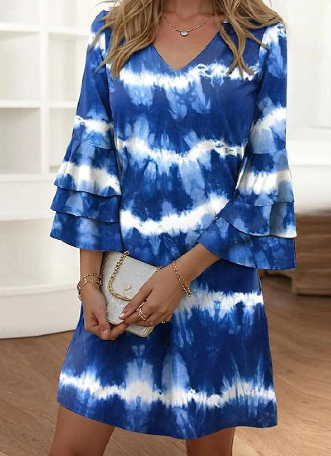Women's 2025 Spring V Neck 3/4 Sleeved Ruffled Printed Flowy A Line Mini Beach Vacation Party Dress