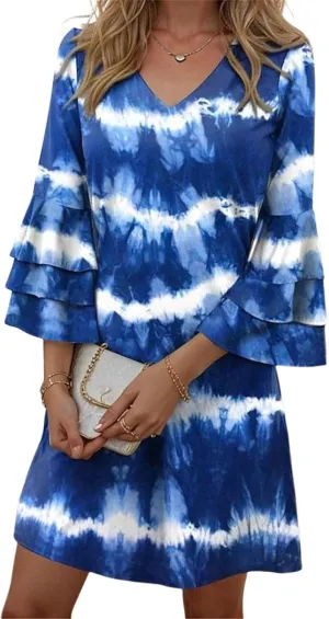 Women's 2025 Spring V Neck 3/4 Sleeved Ruffled Printed Flowy A Line Mini Beach Vacation Party Dress