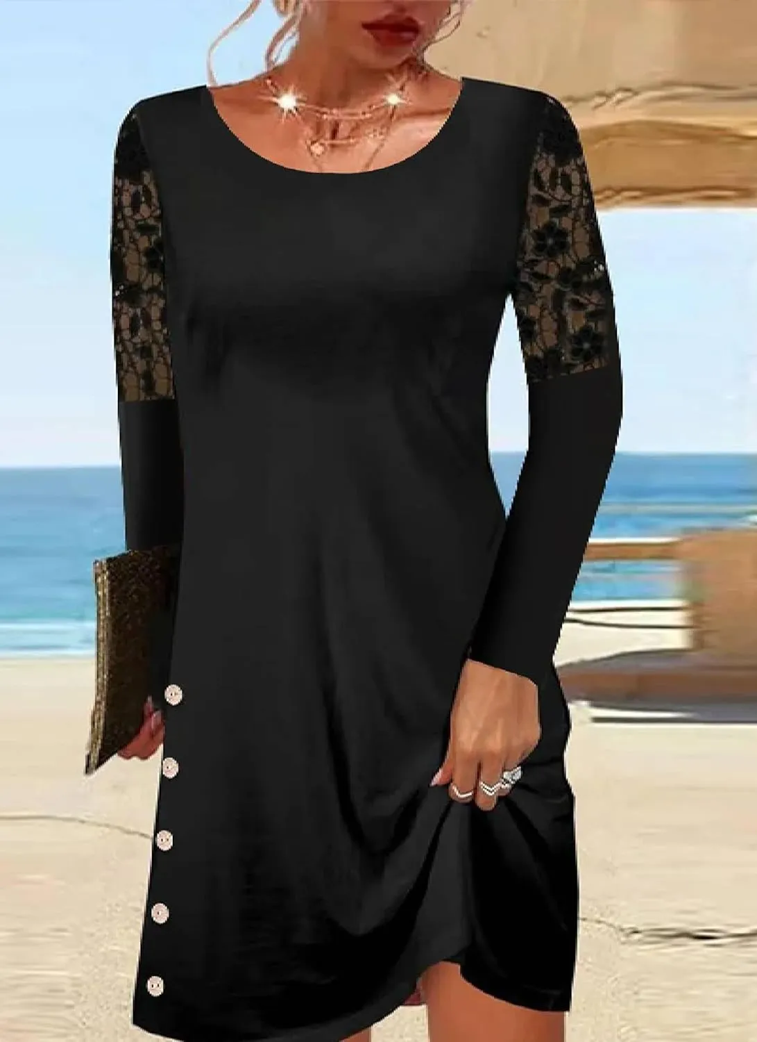 Women's 2025 Summer Lace Long Sleeve Round Neck Midi Dresses Plain Black A Line Slim Fit Formal Party Dress with Buttons