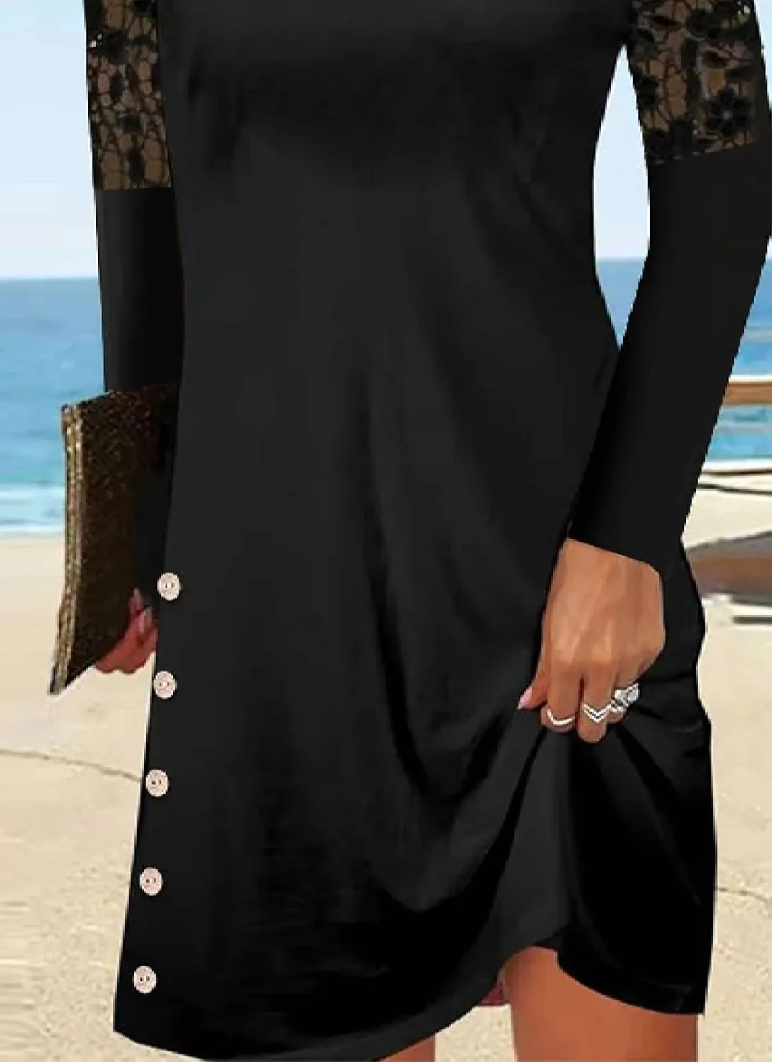 Women's 2025 Summer Lace Long Sleeve Round Neck Midi Dresses Plain Black A Line Slim Fit Formal Party Dress with Buttons