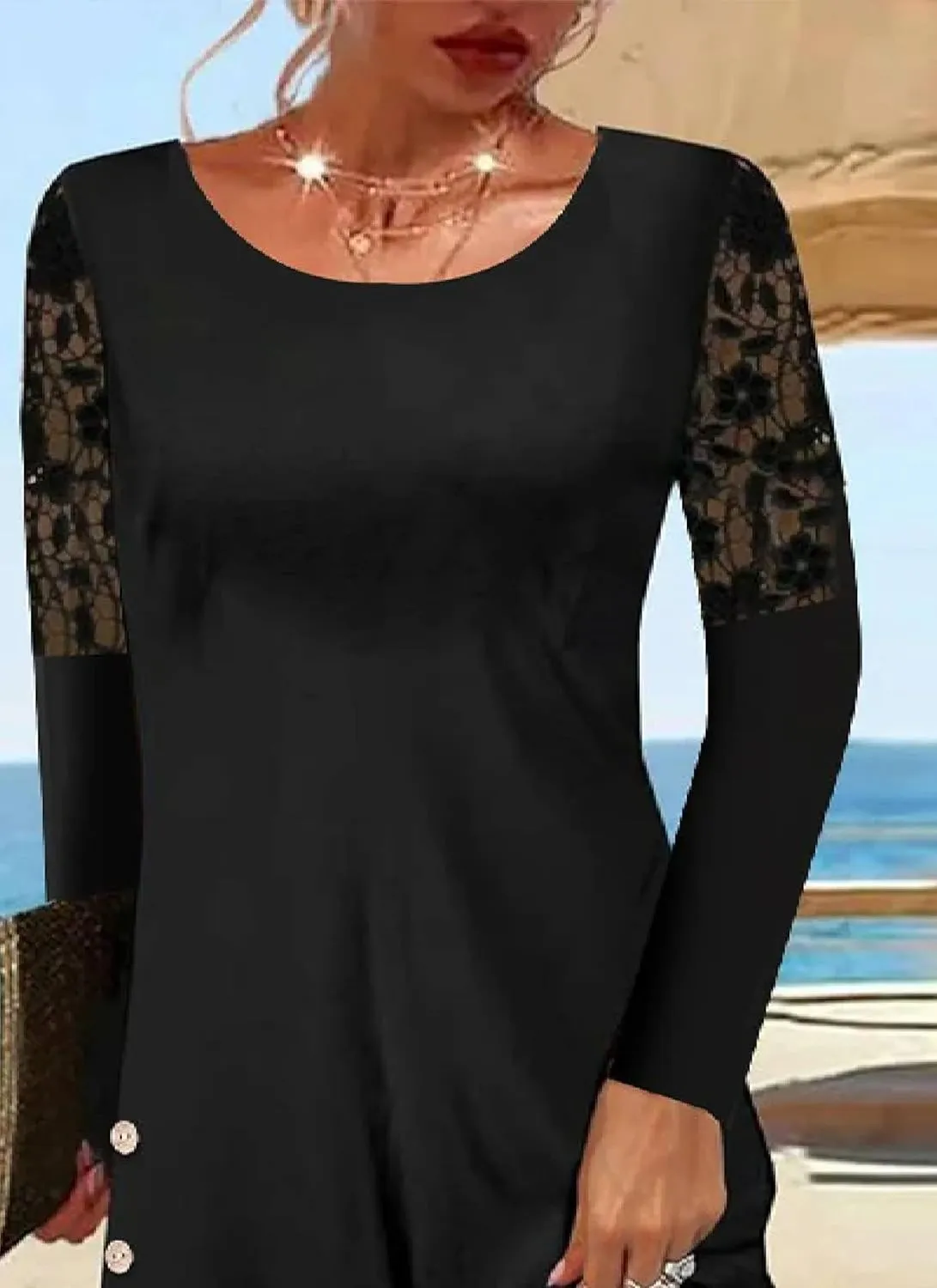 Women's 2025 Summer Lace Long Sleeve Round Neck Midi Dresses Plain Black A Line Slim Fit Formal Party Dress with Buttons