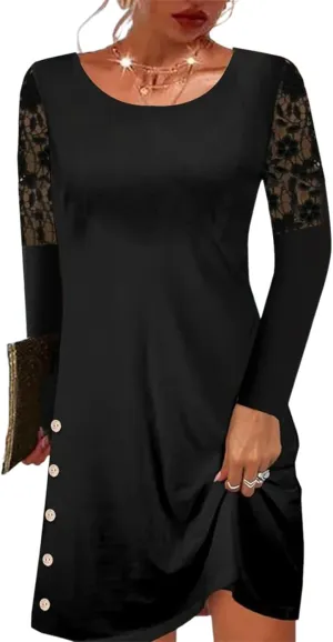 Women's 2025 Summer Lace Long Sleeve Round Neck Midi Dresses Plain Black A Line Slim Fit Formal Party Dress with Buttons