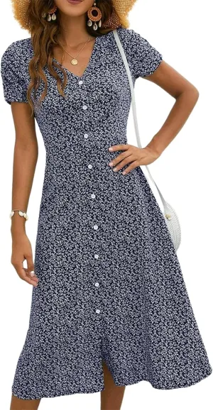 Women's 2025 Summer V-Neck Short Sleeve Mini Dresses Print Slim Fit A Line Swing Hem Daily Commute Dress with Buttons