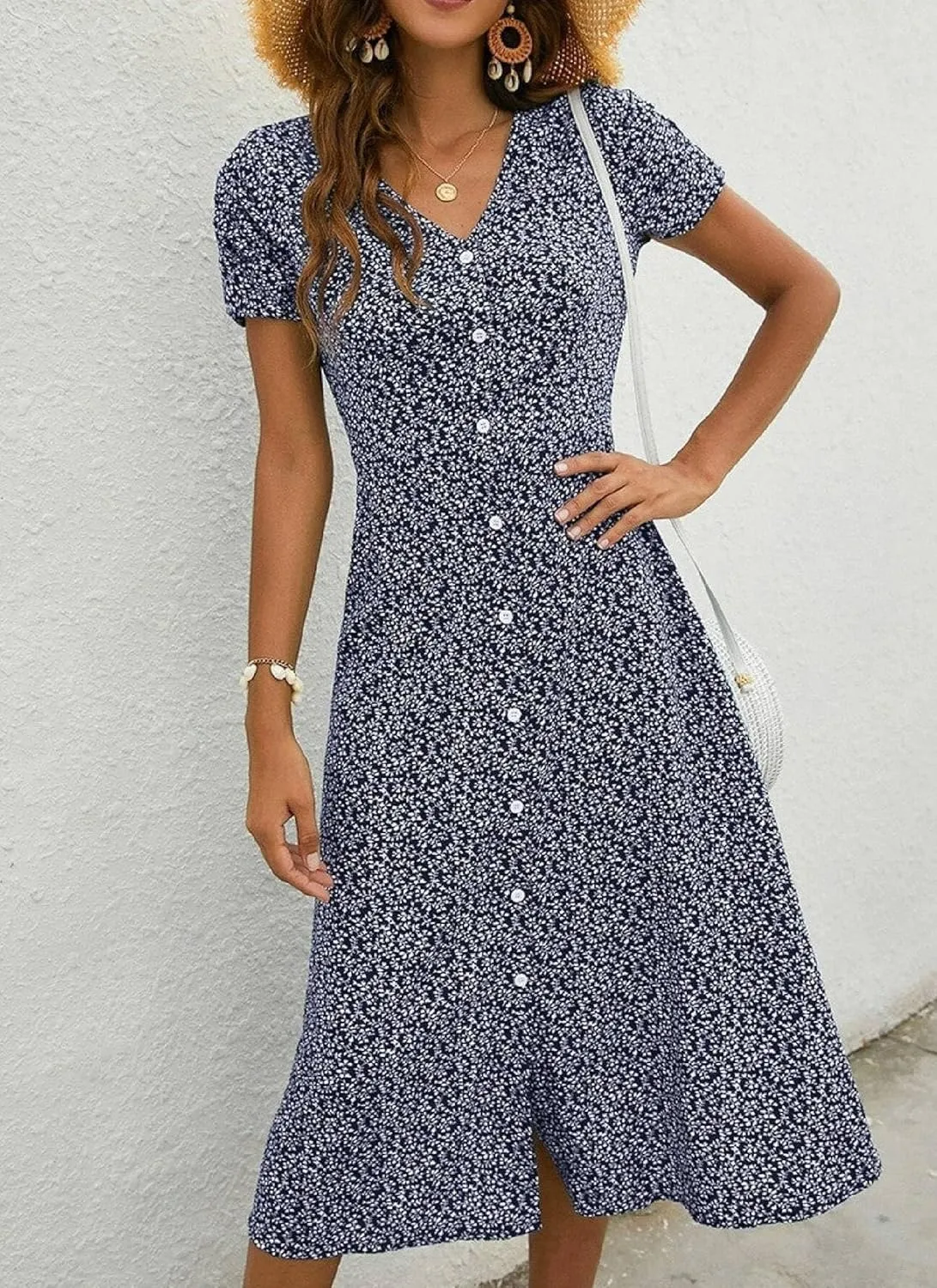 Women's 2025 Summer V-Neck Short Sleeve Mini Dresses Print Slim Fit A Line Swing Hem Daily Commute Dress with Buttons