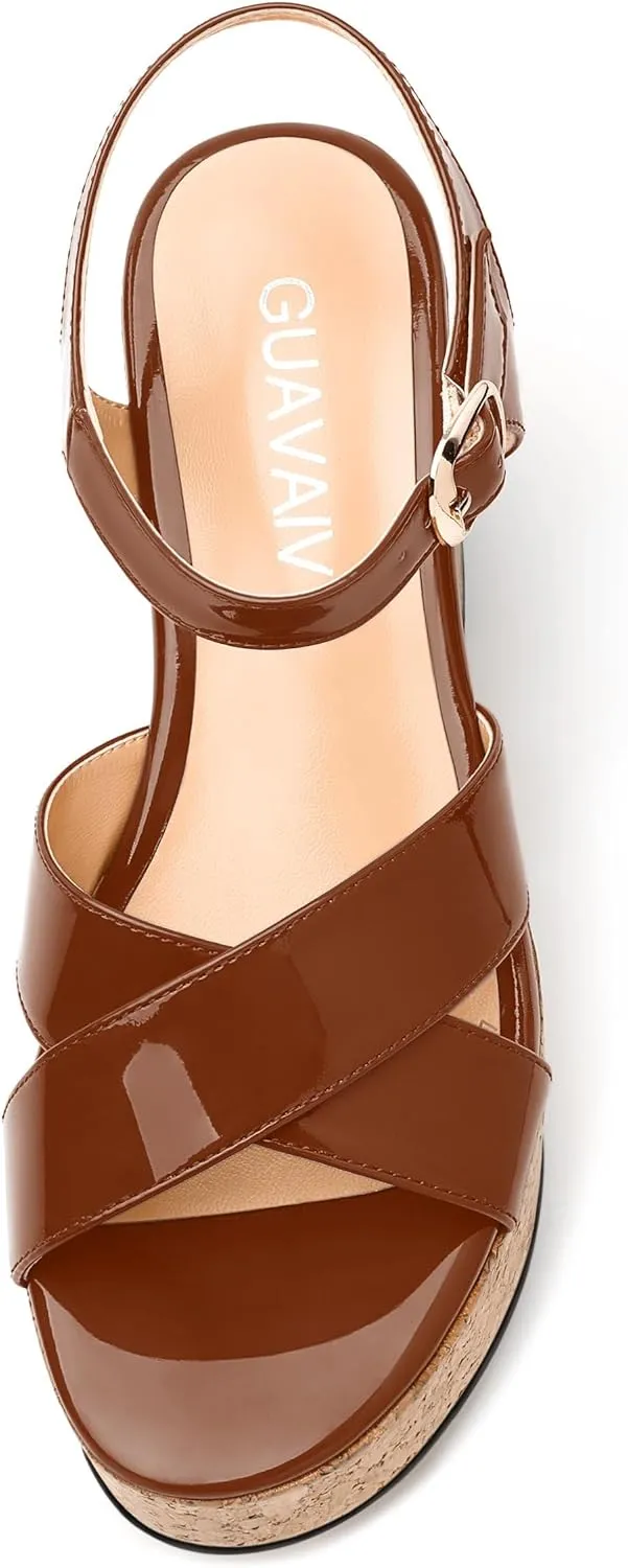 Women's 3-Inch Chunky Wedge Sandals - Open Round Toe Platform with Adjustable Ankle Strap, Solid Color Heels for Work, Party & Date Nights