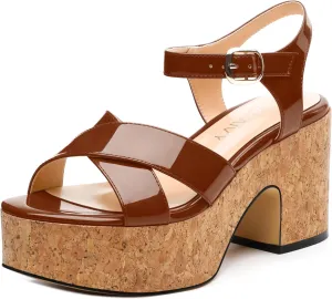 Women's 3-Inch Chunky Wedge Sandals - Open Round Toe Platform with Adjustable Ankle Strap, Solid Color Heels for Work, Party & Date Nights