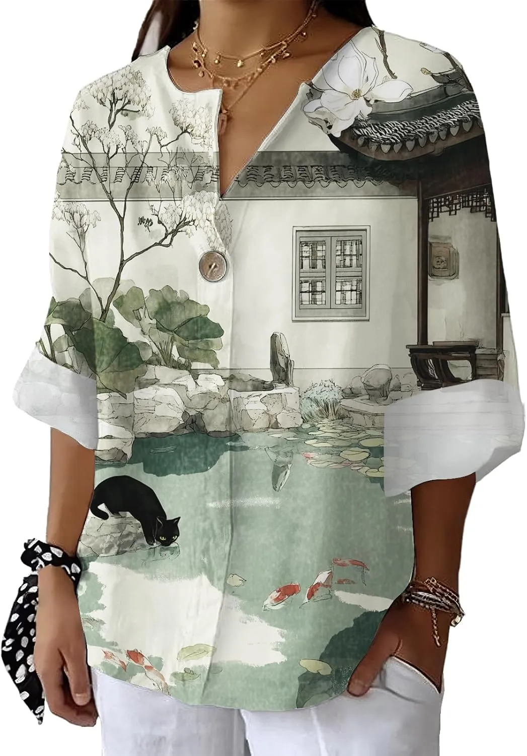 Womens 3/4 Length Sleeve Shirts Dressy Casual V Neck Graphic Printed Tee Tops 2025 Summer Fall Loose Fit Basic Blouses