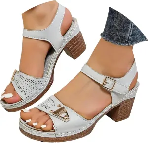 Womens Ankle-Strap Heeled Sandal Adjustable Straps Chic Chunky Mid Heel Walking Retro Platform Sandals Comfortable Open Toe Summer Casual Platform Wedding Dress Shoes