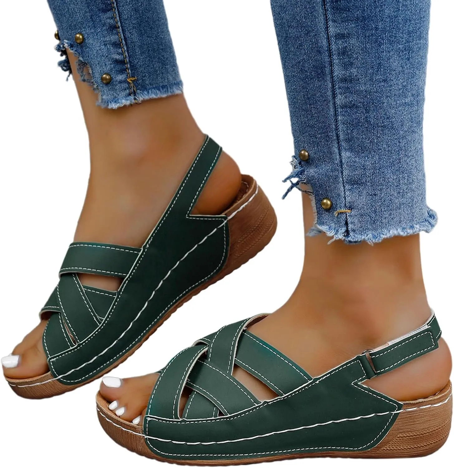 Womens Ankle Strap Sandals Walking Hiking Summer Beach Flats Shoes Comfort Open Toe Comfortable Dressy Arch Support Wedges Sandals Round Bottom Buckle Wide Width Beach Slippers Orthotic Shoes