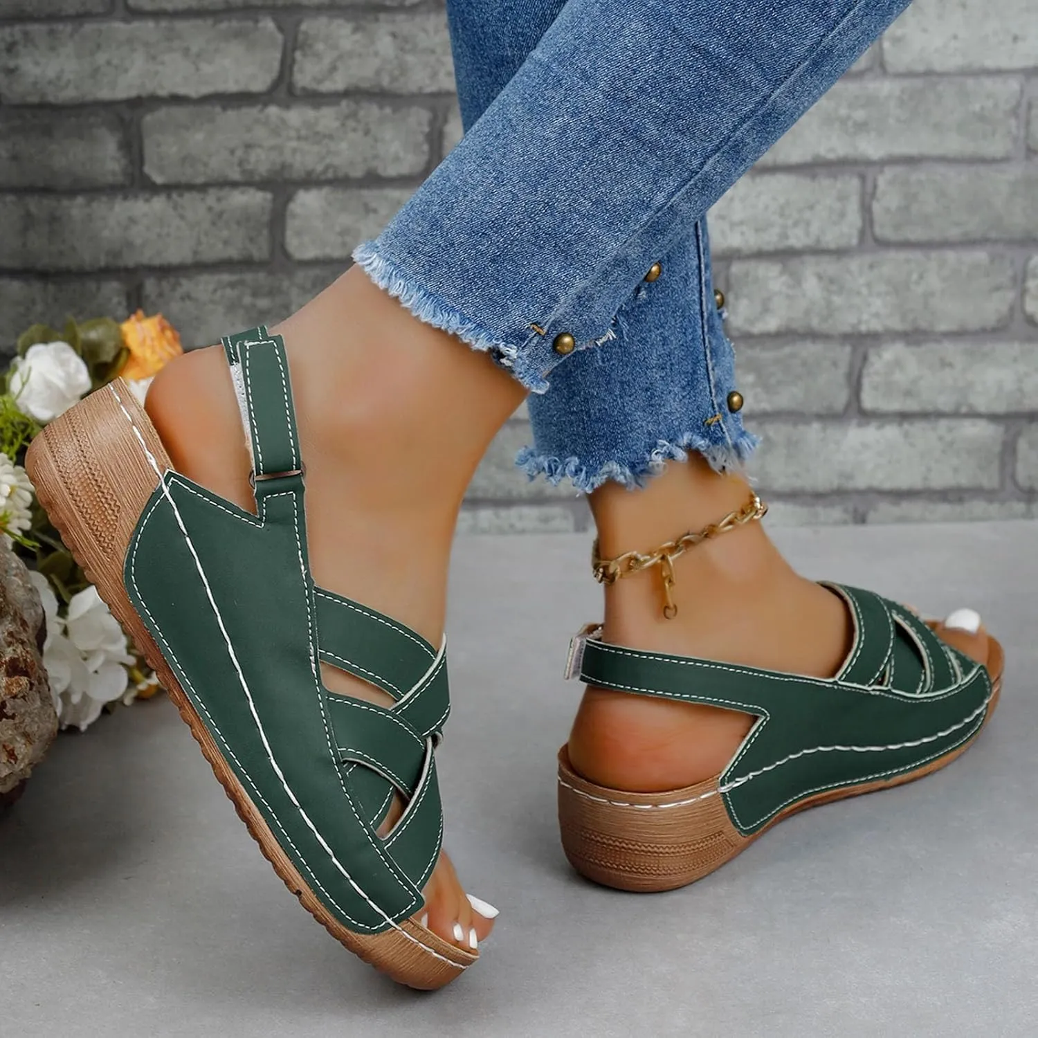 Womens Ankle Strap Sandals Walking Hiking Summer Beach Flats Shoes Comfort Open Toe Comfortable Dressy Arch Support Wedges Sandals Round Bottom Buckle Wide Width Beach Slippers Orthotic Shoes