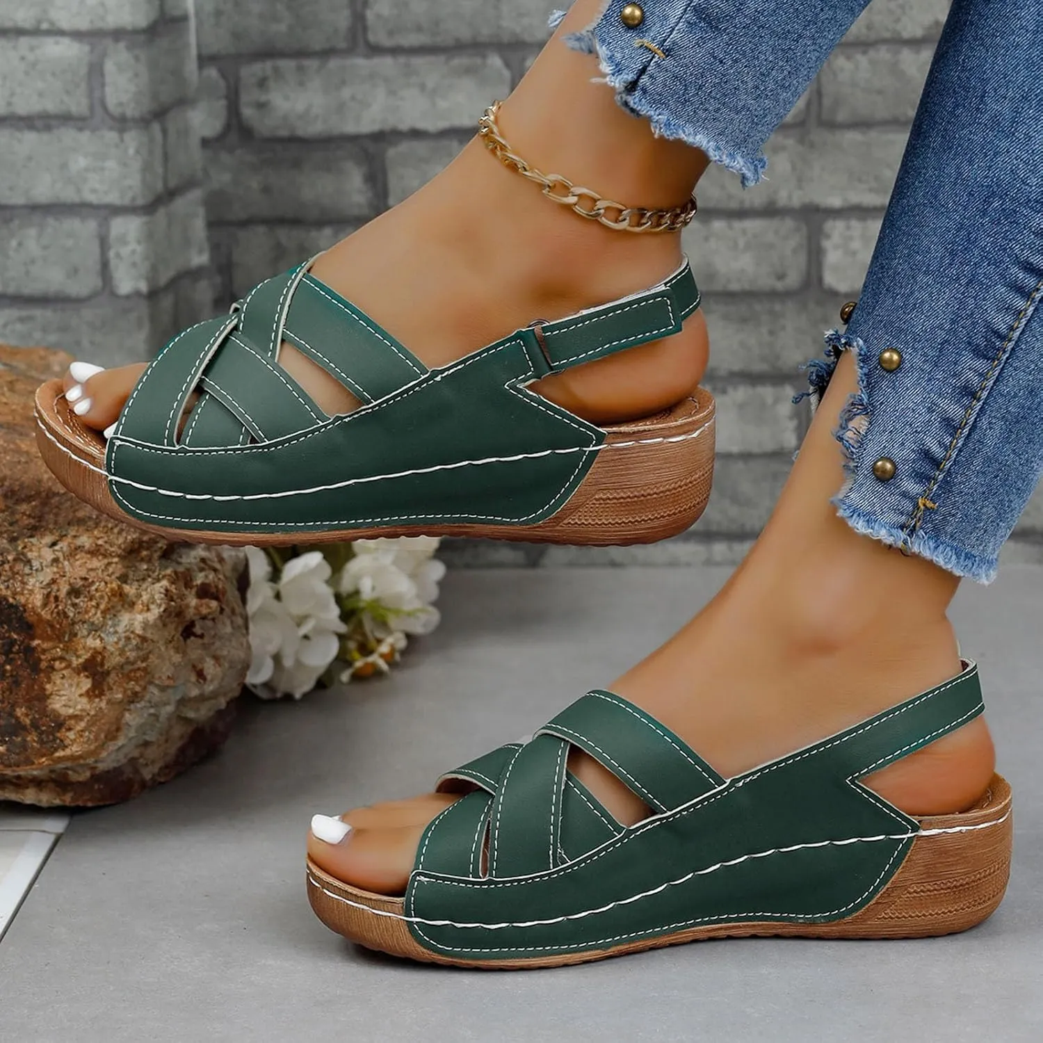 Womens Ankle Strap Sandals Walking Hiking Summer Beach Flats Shoes Comfort Open Toe Comfortable Dressy Arch Support Wedges Sandals Round Bottom Buckle Wide Width Beach Slippers Orthotic Shoes