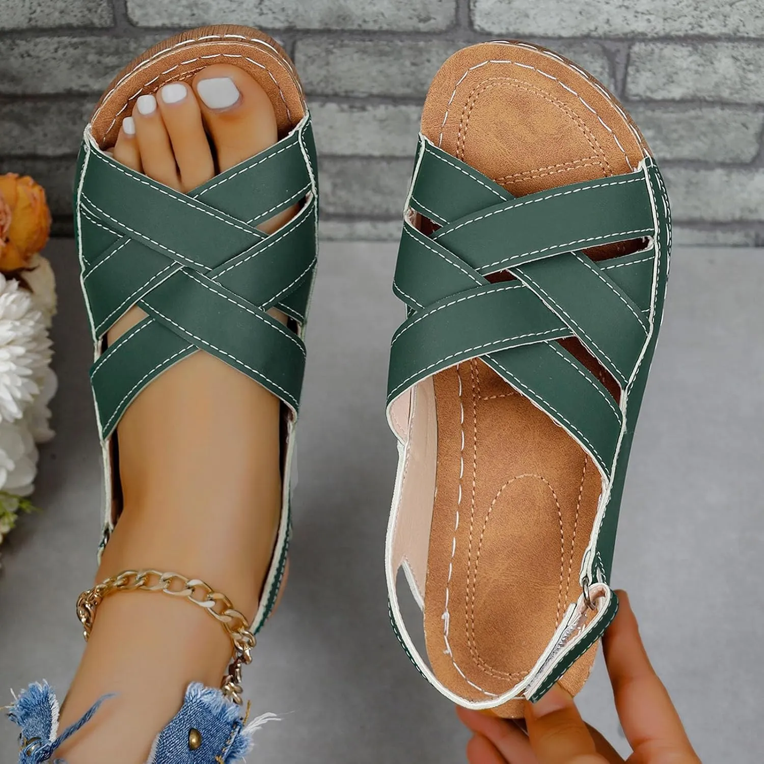 Womens Ankle Strap Sandals Walking Hiking Summer Beach Flats Shoes Comfort Open Toe Comfortable Dressy Arch Support Wedges Sandals Round Bottom Buckle Wide Width Beach Slippers Orthotic Shoes