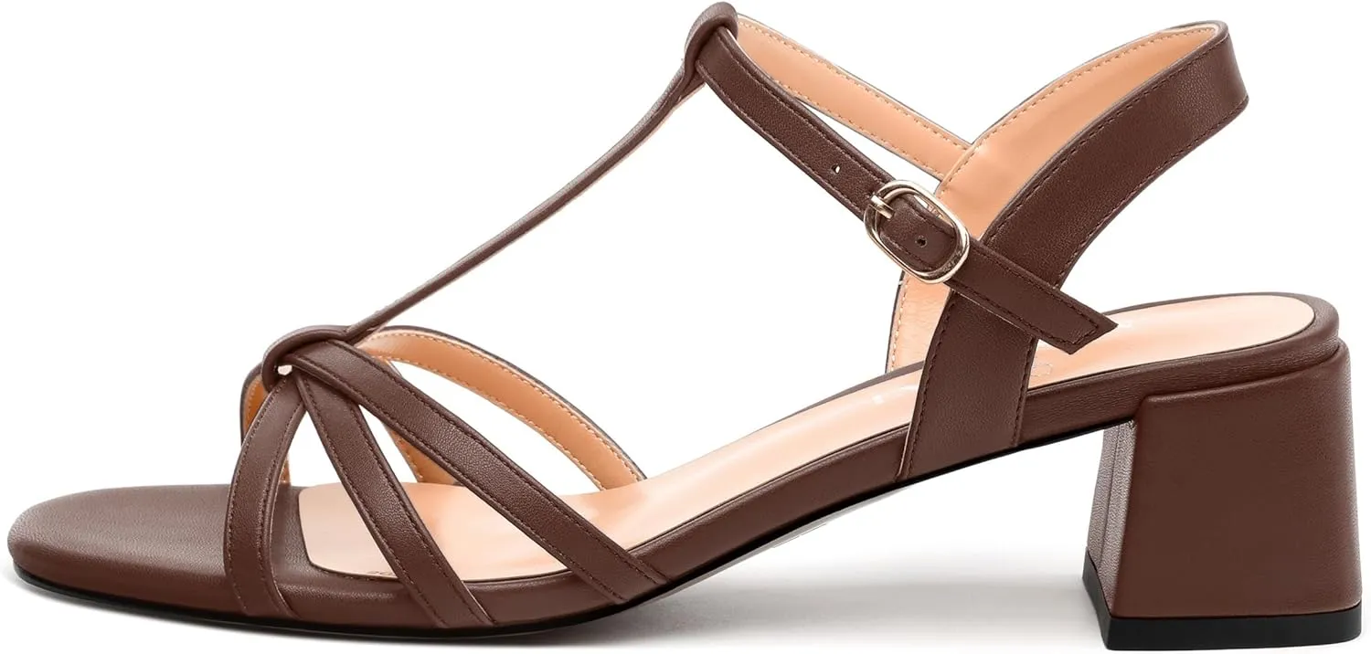 Womens Block Heel Sandals, Open Toe Low Chunky Heel T-strap Sandals for Women, Ankle Strap Sandals with Buckle, Comfort Strappy Sandals 2"
