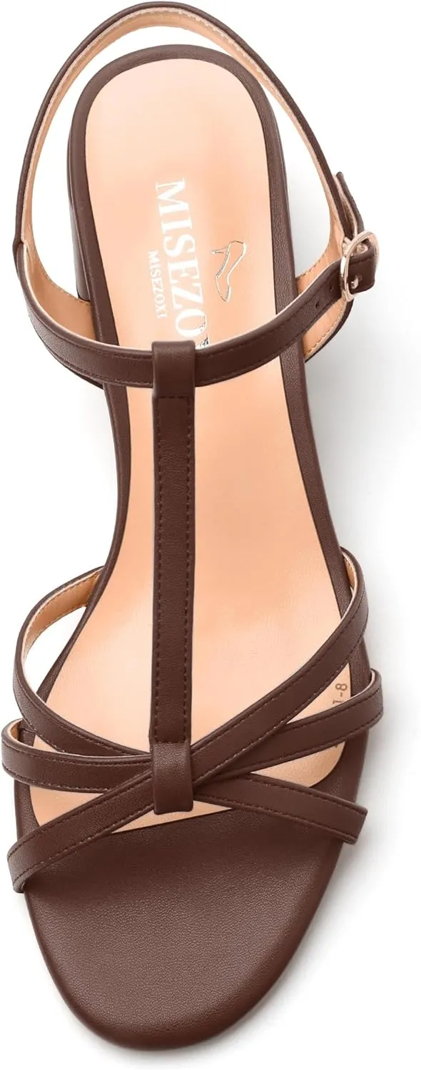 Womens Block Heel Sandals, Open Toe Low Chunky Heel T-strap Sandals for Women, Ankle Strap Sandals with Buckle, Comfort Strappy Sandals 2"