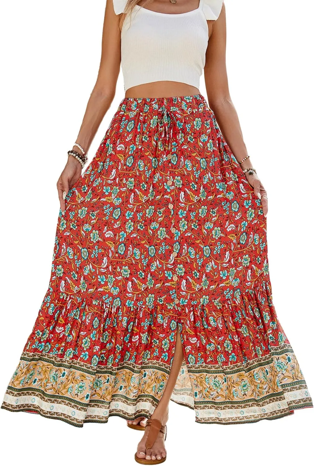 Womens Bohemian Maxi Skirt Flowy High Waist A-Line Pleated Detail Summer Beach Casual