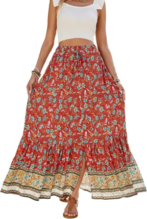 Womens Bohemian Maxi Skirt Flowy High Waist A-Line Pleated Detail Summer Beach Casual