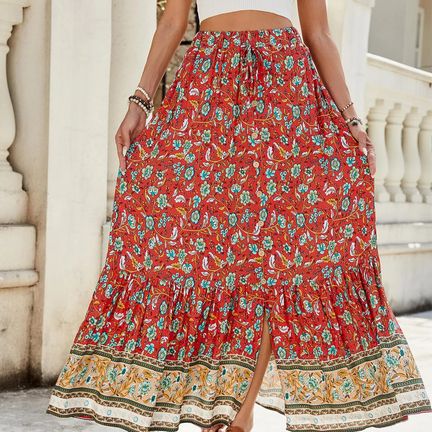 Womens Bohemian Maxi Skirt Flowy High Waist A-Line Pleated Detail Summer Beach Casual