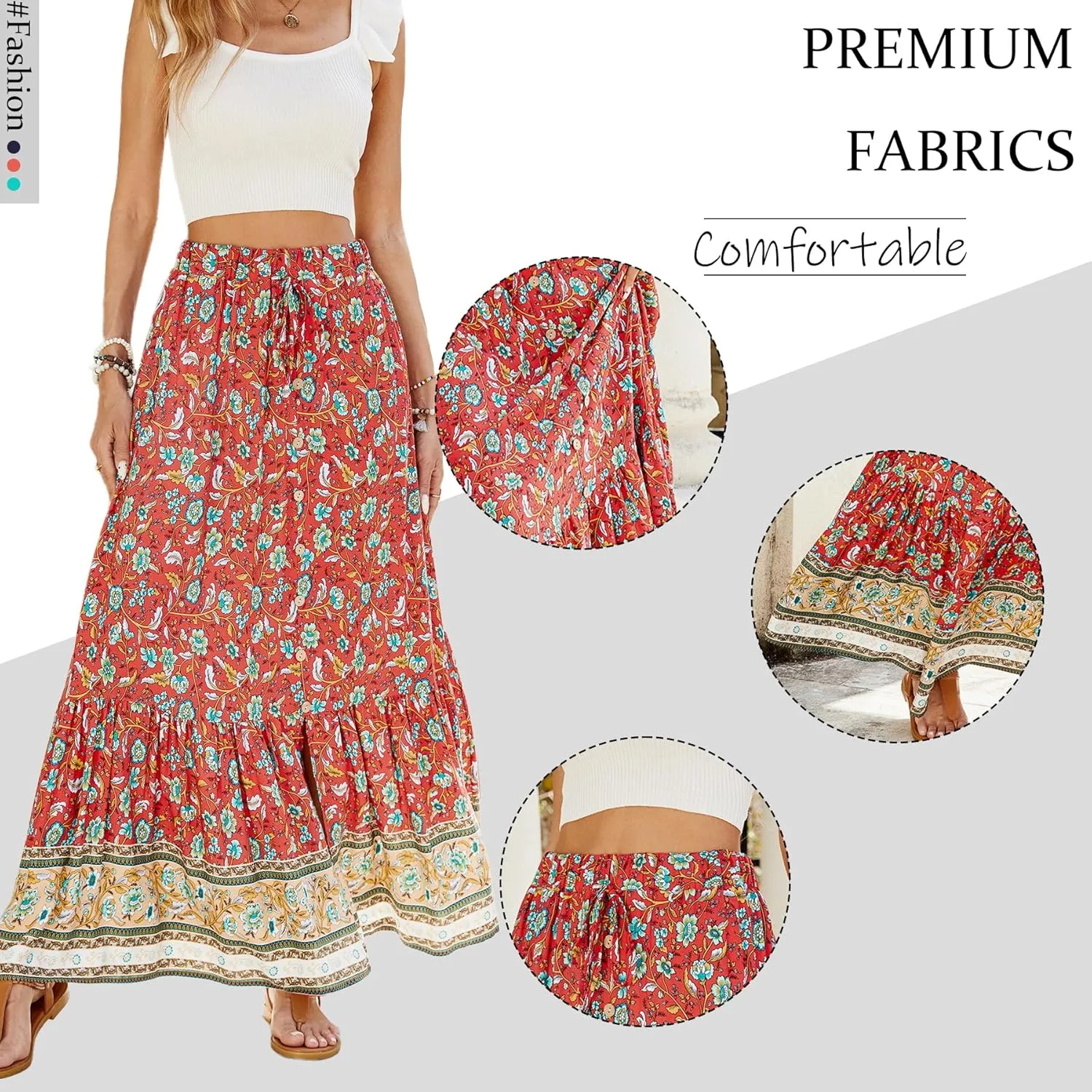 Womens Bohemian Maxi Skirt Flowy High Waist A-Line Pleated Detail Summer Beach Casual