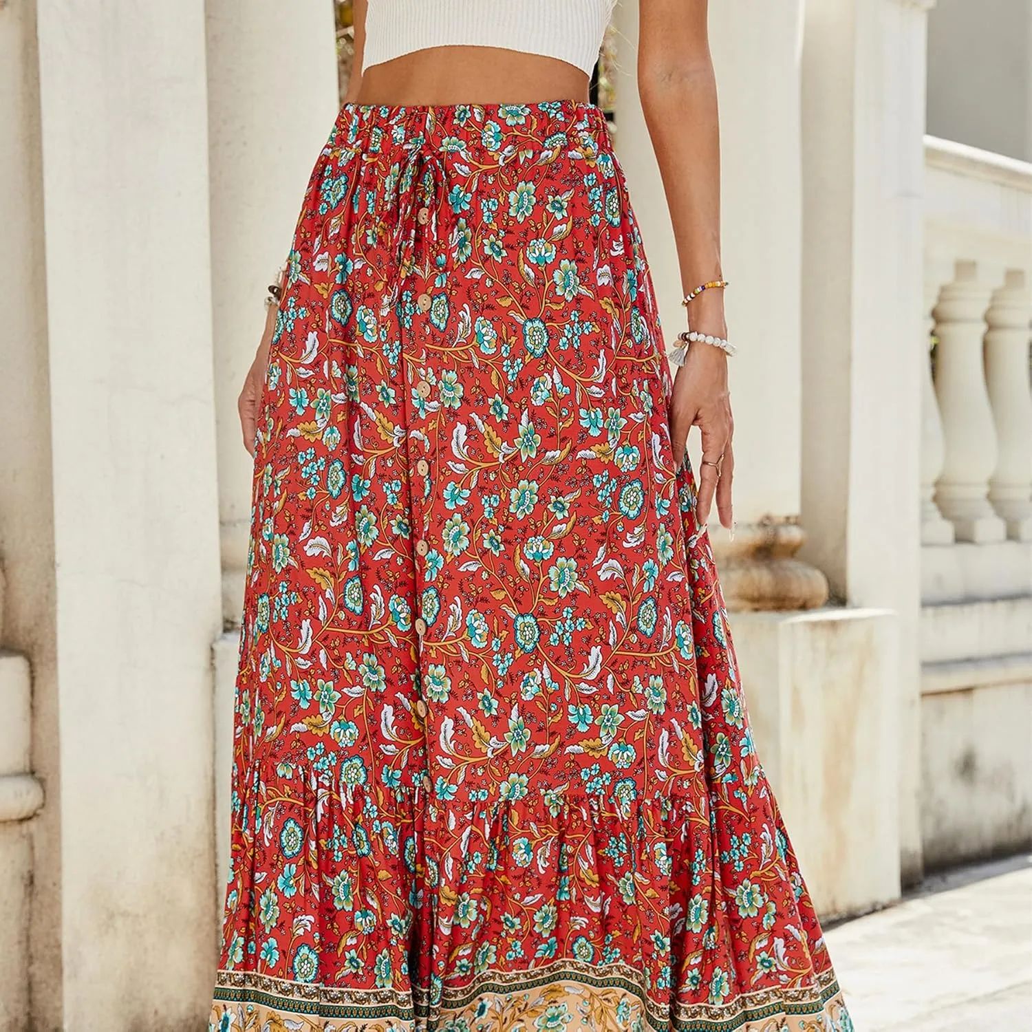 Womens Bohemian Maxi Skirt Flowy High Waist A-Line Pleated Detail Summer Beach Casual