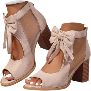 Women's Bow Knit Chunky Block High Heels Sandals 2025 Fashionable Open Toe Hollow Out Solid Color Summer Heels Sandals Breathable Comfortable Sexy Lace Up Ankle Booties
