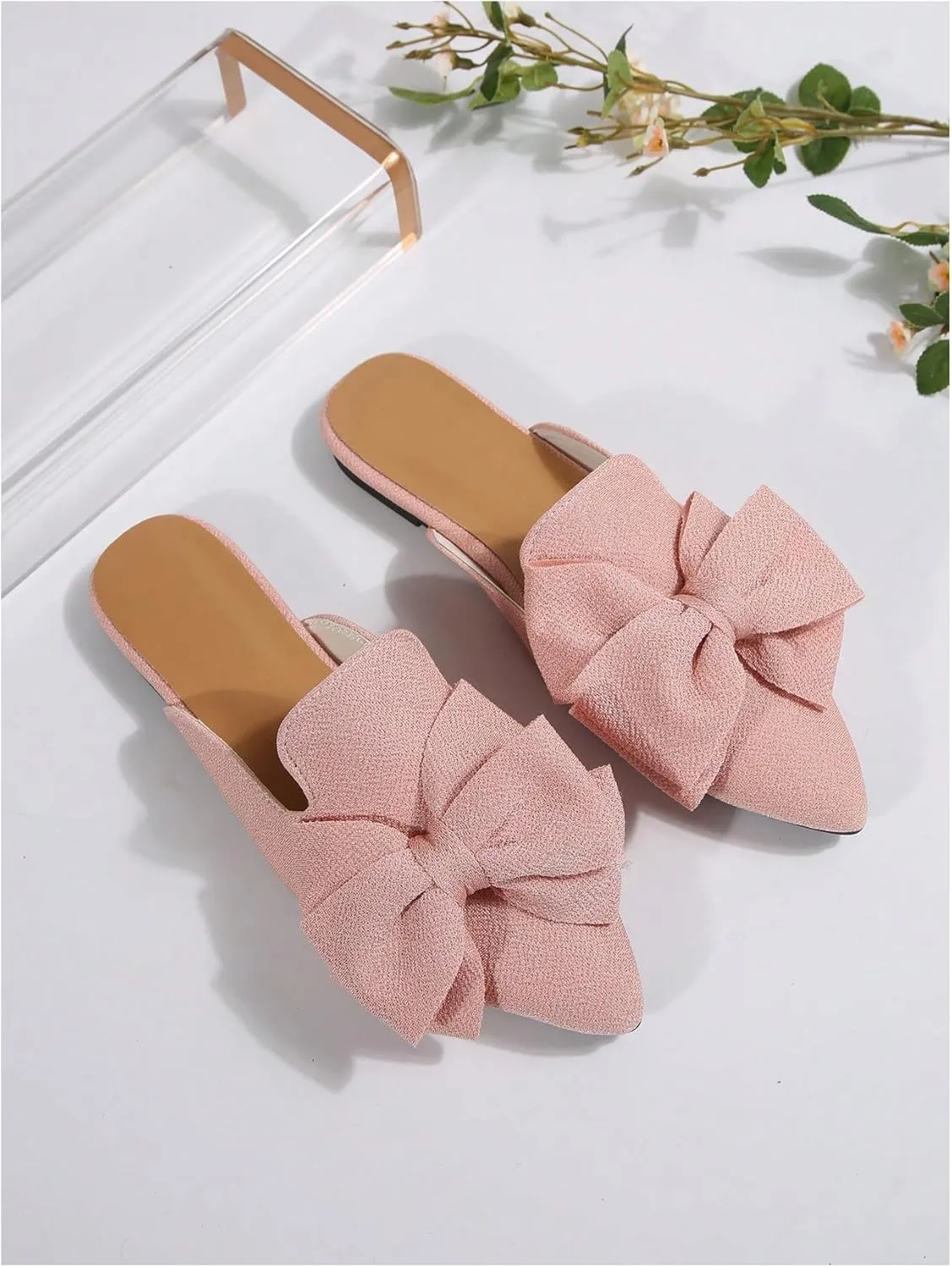 Women's Bow Mules Dressy Pointed Toe Flat Shoes Backless Loafers Slide Sandals Casual Slides Work Shoes