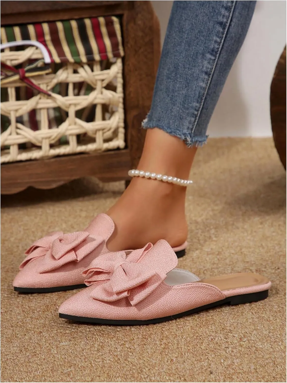 Women's Bow Mules Dressy Pointed Toe Flat Shoes Backless Loafers Slide Sandals Casual Slides Work Shoes