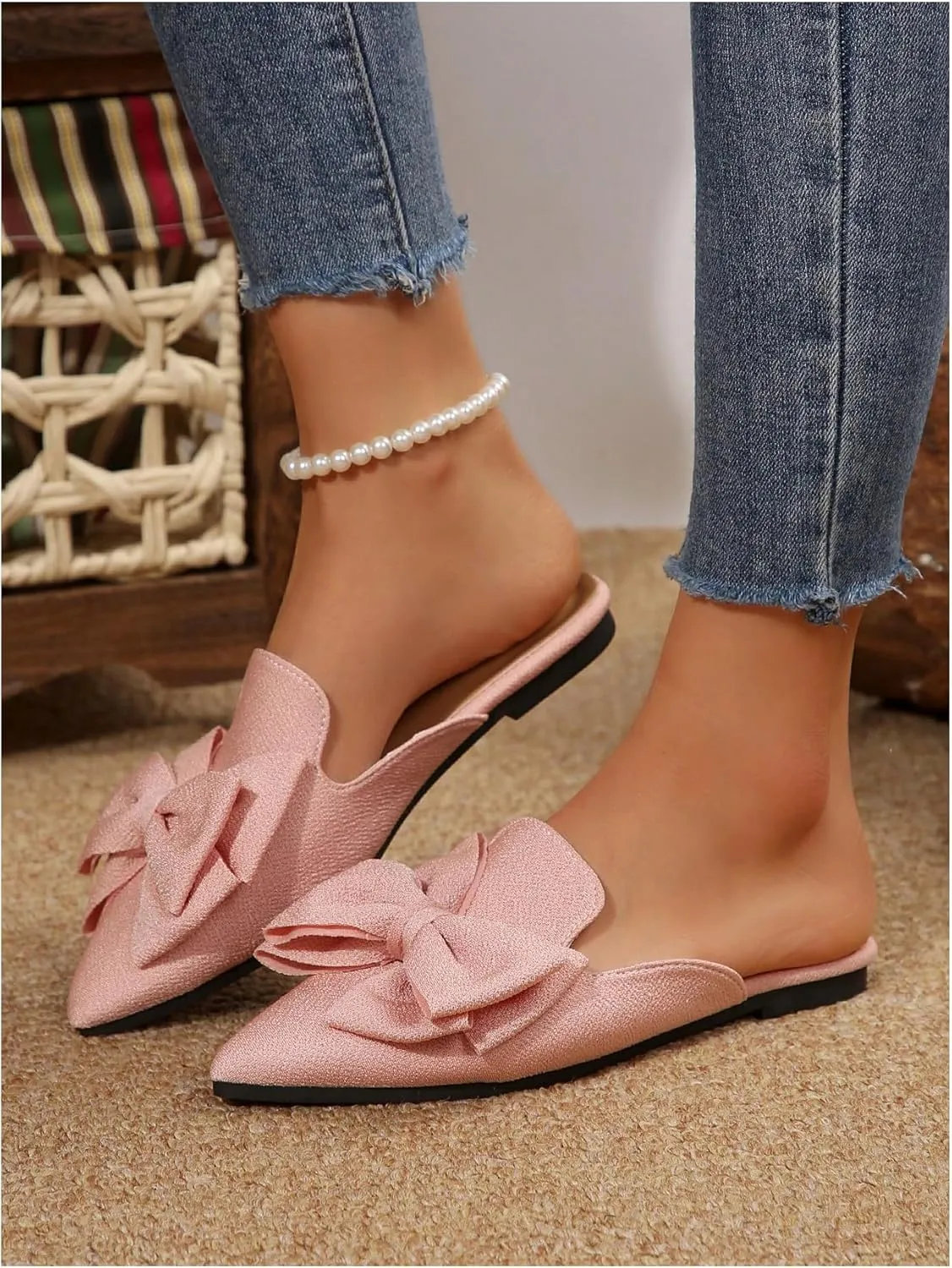 Women's Bow Mules Dressy Pointed Toe Flat Shoes Backless Loafers Slide Sandals Casual Slides Work Shoes