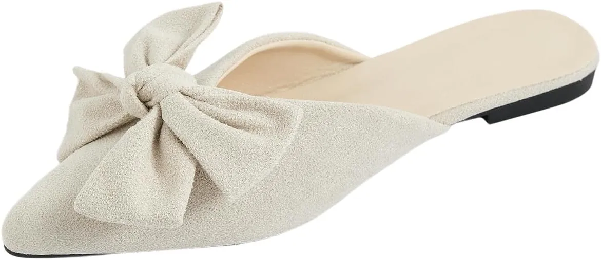 Women's Bow Mules Dressy Pointed Toe Flat Shoes Backless Loafers Slide Sandals Casual Slides Work Shoes