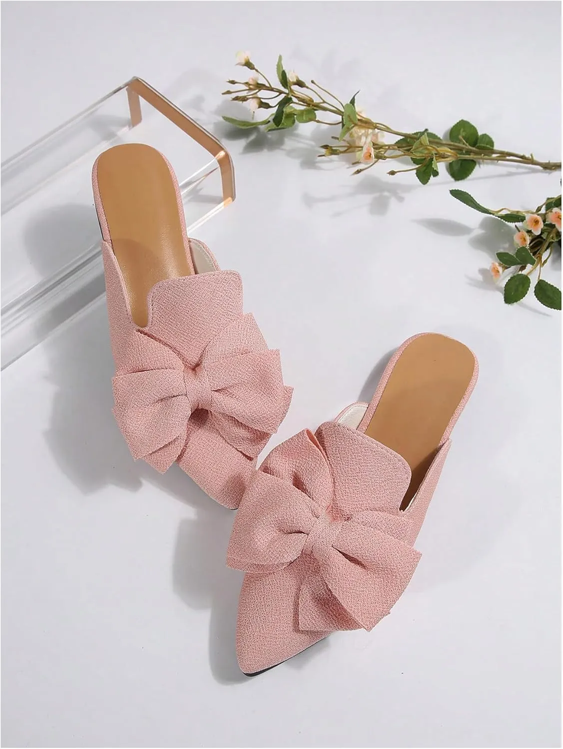 Women's Bow Mules Dressy Pointed Toe Flat Shoes Backless Loafers Slide Sandals Casual Slides Work Shoes