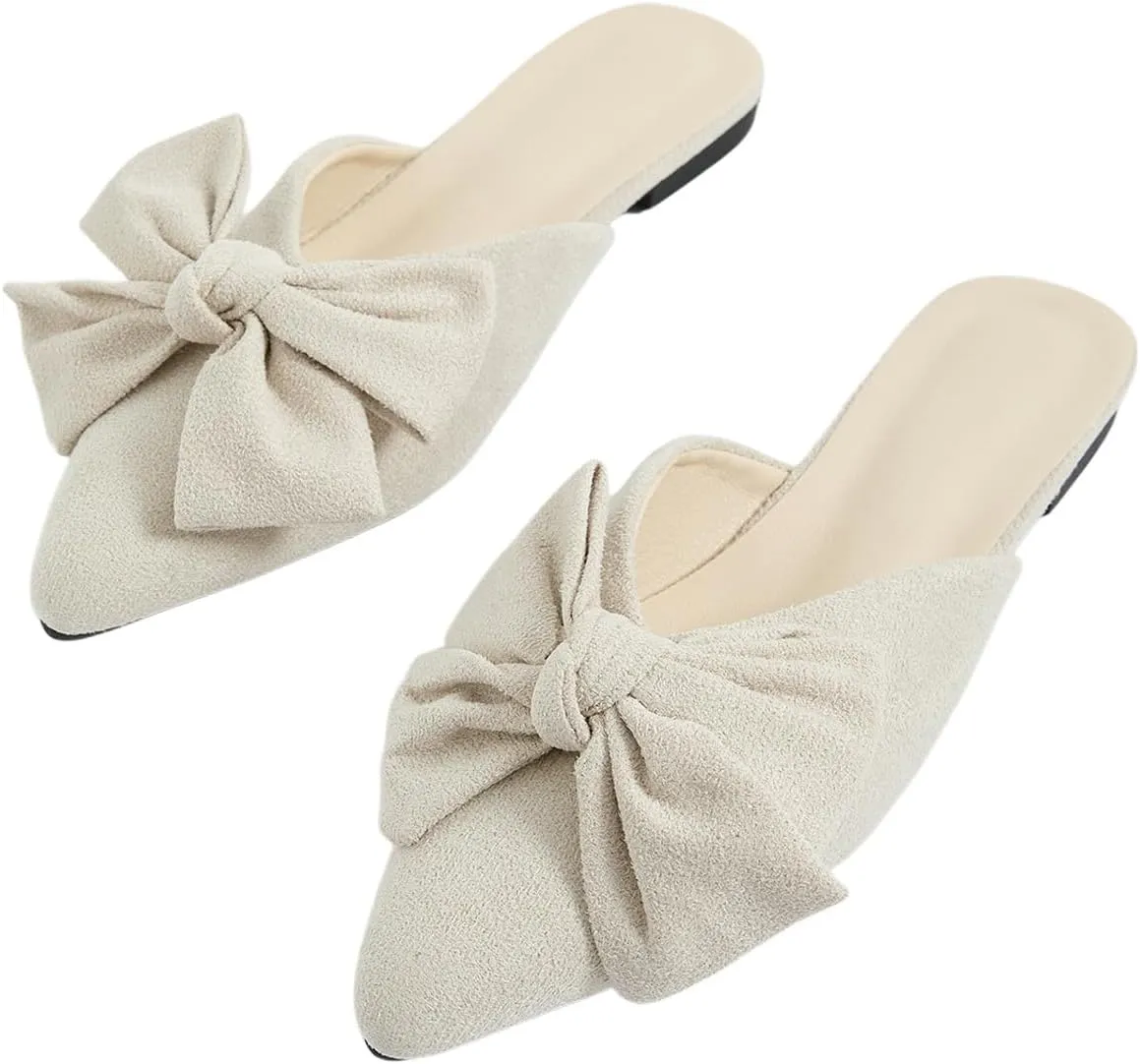 Women's Bow Mules Dressy Pointed Toe Flat Shoes Backless Loafers Slide Sandals Casual Slides Work Shoes