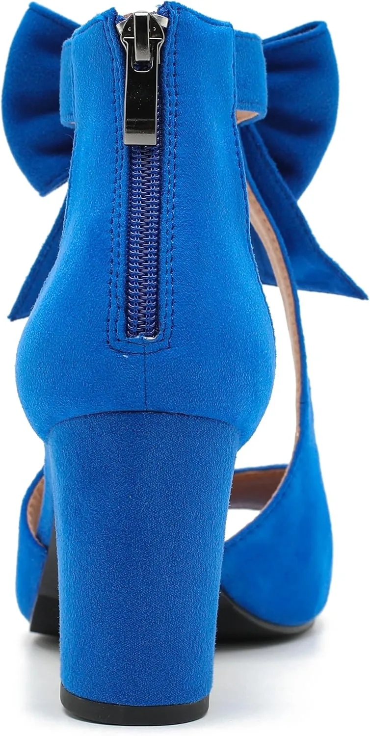 Women's Bows Strappy Sandals Open Toe Chunky High Heels Sandals Ankle Strap Dressy Pumps Back Zip Cutout Heeled Summer Party Sandals
