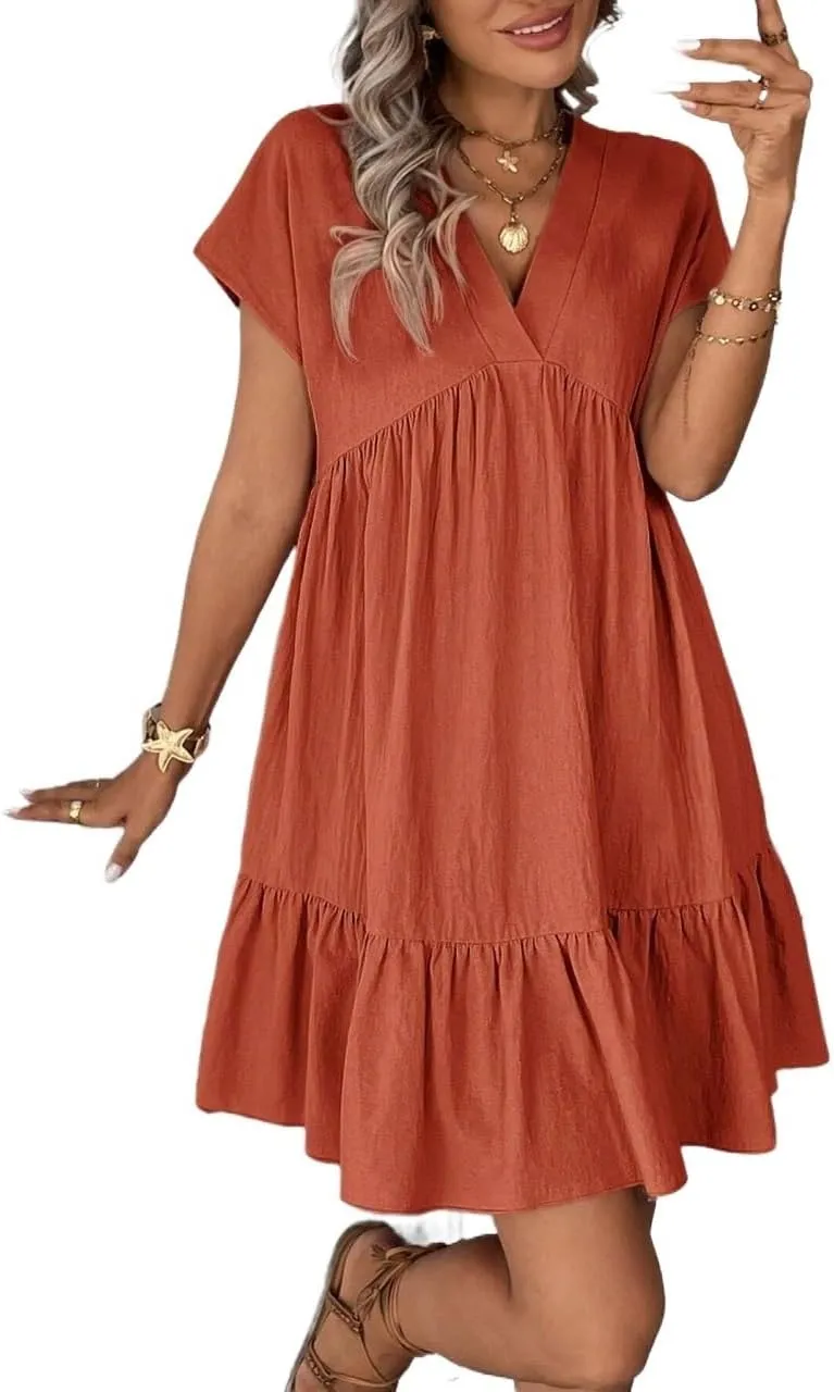 Womens Casual Vacation Romantic Beach Dress, Short Sleeve V-Neck Summer Short Dresses for Women