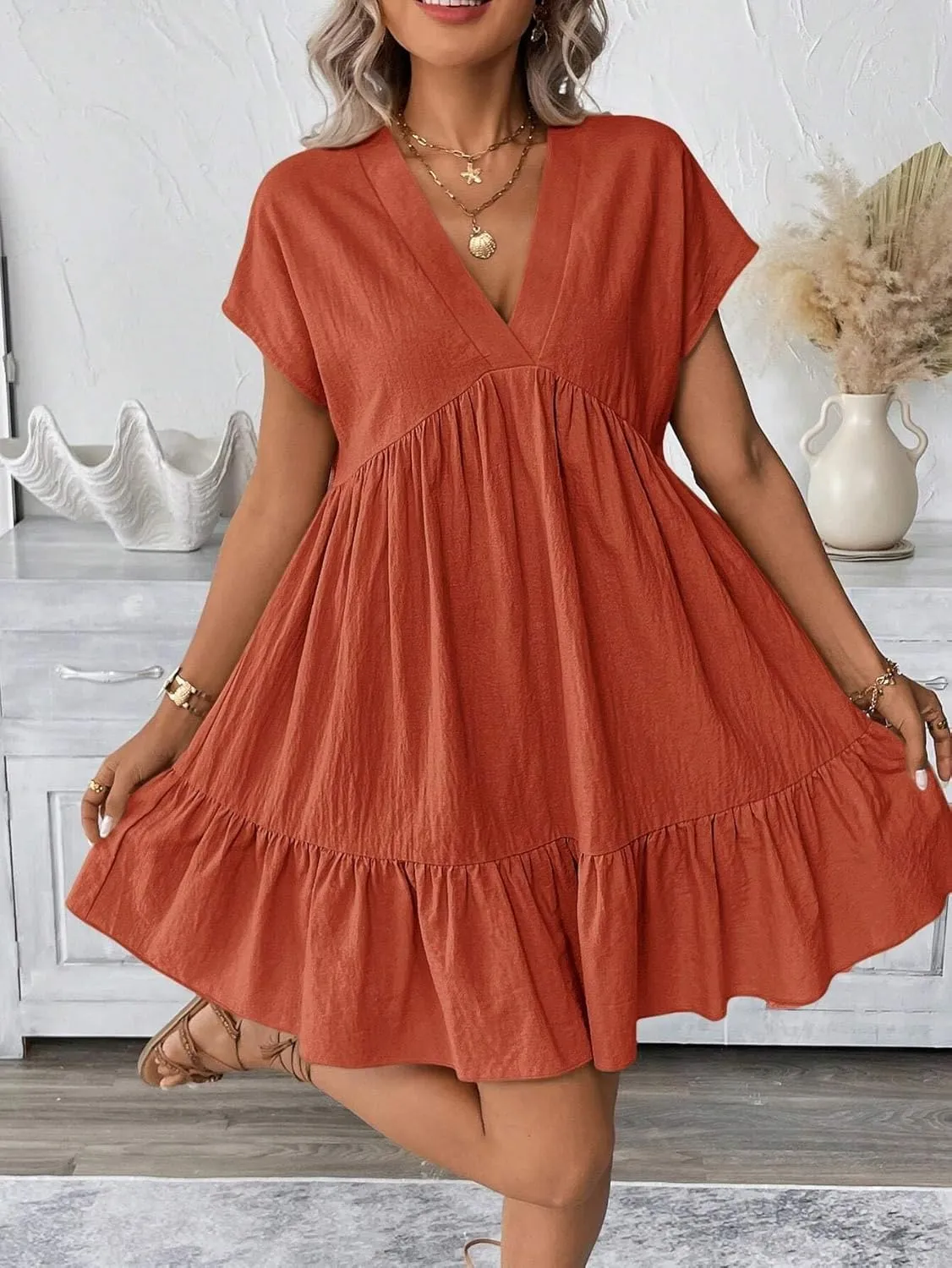 Womens Casual Vacation Romantic Beach Dress, Short Sleeve V-Neck Summer Short Dresses for Women