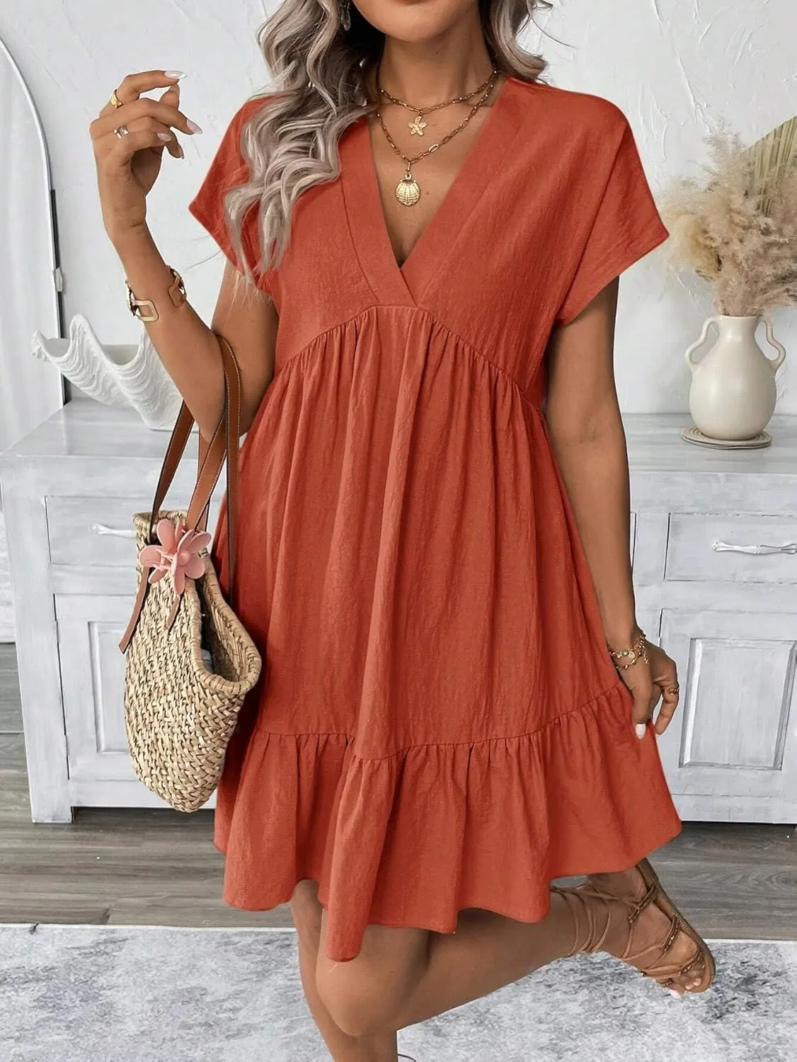 Womens Casual Vacation Romantic Beach Dress, Short Sleeve V-Neck Summer Short Dresses for Women