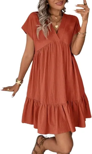 Womens Casual Vacation Romantic Beach Dress, Short Sleeve V-Neck Summer Short Dresses for Women