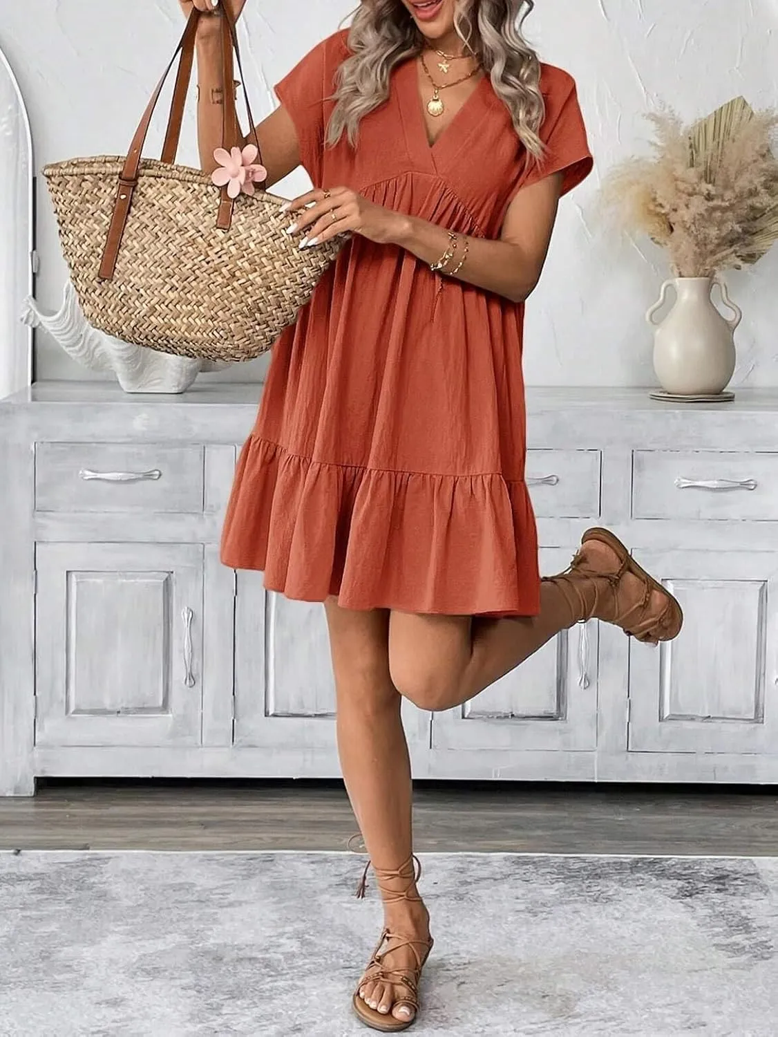 Womens Casual Vacation Romantic Beach Dress, Short Sleeve V-Neck Summer Short Dresses for Women