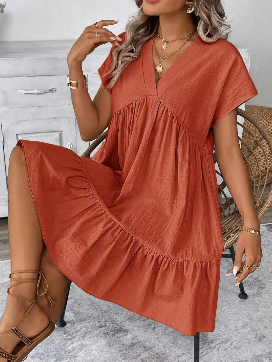 Womens Casual Vacation Romantic Beach Dress, Short Sleeve V-Neck Summer Short Dresses for Women