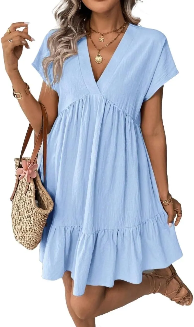Womens Casual Vacation Romantic Beach Summer Short Dress Short Sleeve V-Neck Summer Dresses for Women