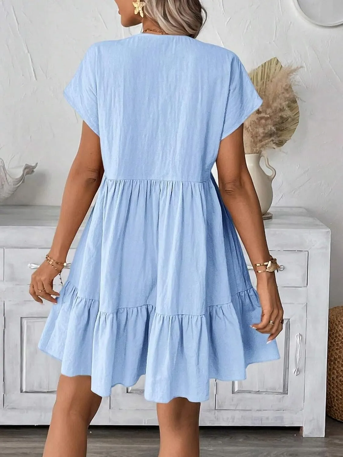 Womens Casual Vacation Romantic Beach Summer Short Dress Short Sleeve V-Neck Summer Dresses for Women