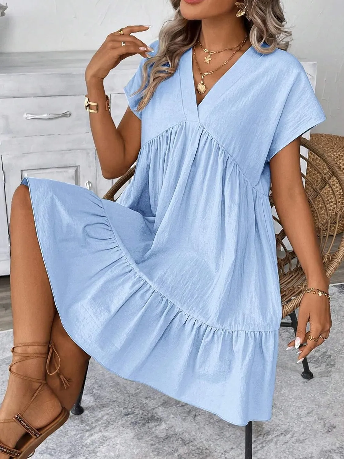 Womens Casual Vacation Romantic Beach Summer Short Dress Short Sleeve V-Neck Summer Dresses for Women