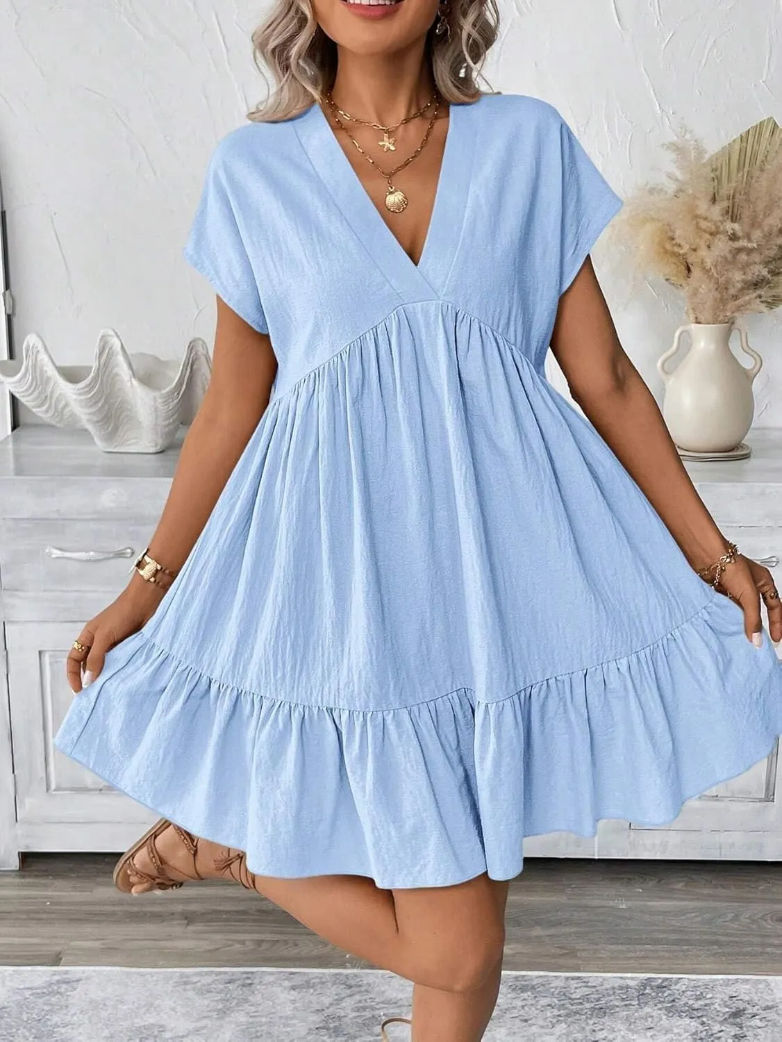 Womens Casual Vacation Romantic Beach Summer Short Dress Short Sleeve V-Neck Summer Dresses for Women