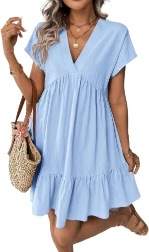 Womens Casual Vacation Romantic Beach Summer Short Dress Short Sleeve V-Neck Summer Dresses for Women