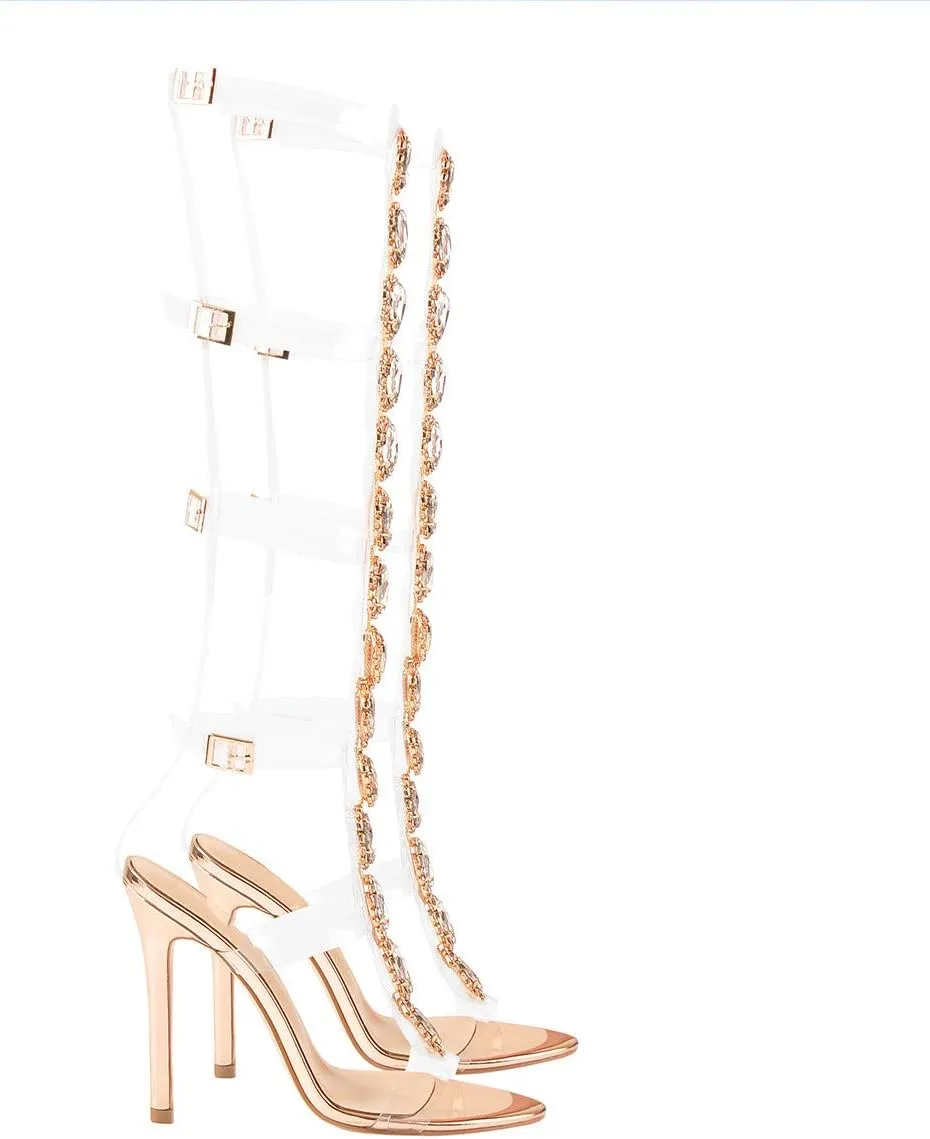 Women's Clear Strappy Gladiator Heels Rhinestones Stiletto Heels Ankle Strap Sandals