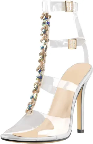 Women's Clear Strappy Gladiator Heels Rhinestones Stiletto Heels Ankle Strap Sandals
