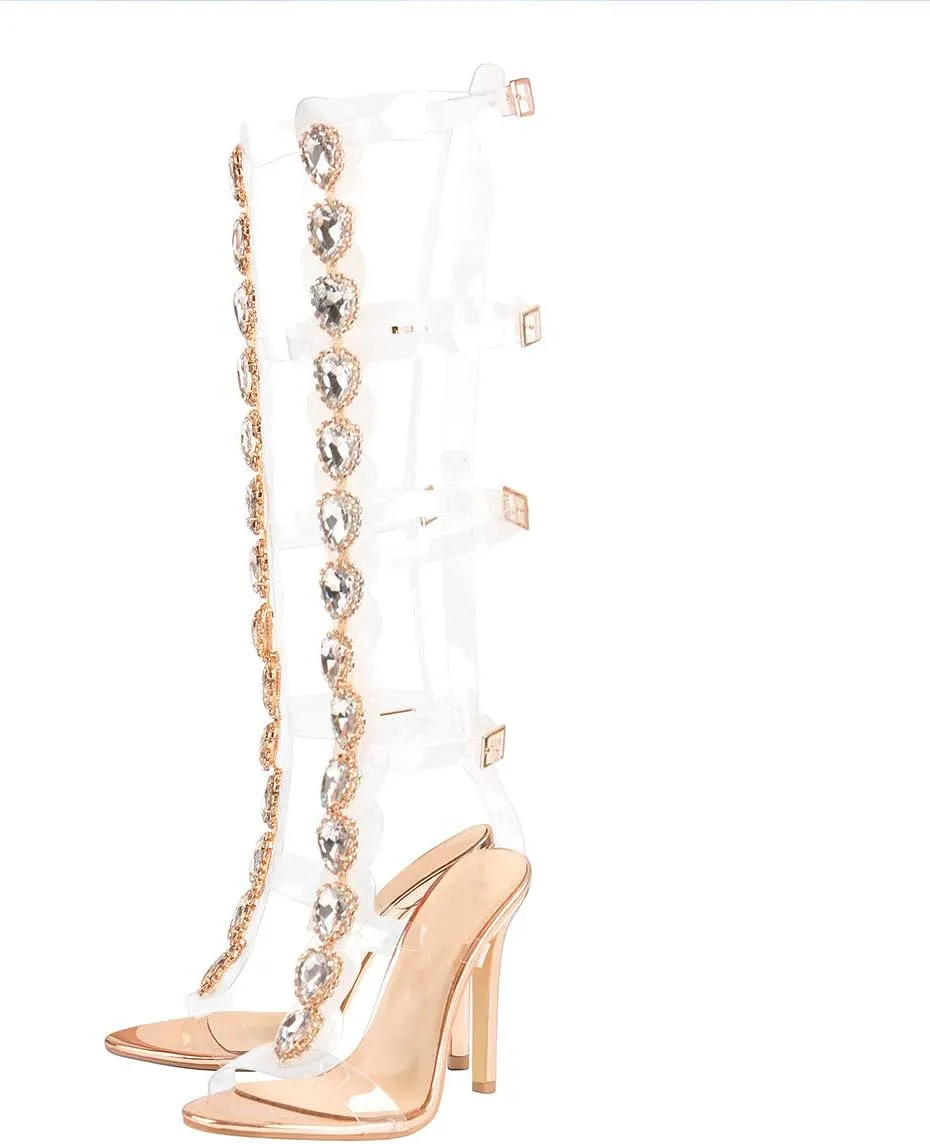Women's Clear Strappy Gladiator Heels Rhinestones Stiletto Heels Ankle Strap Sandals